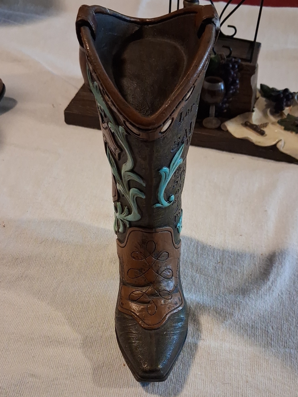 Decorative Brown Western Boot Vase with Turquoise Accents